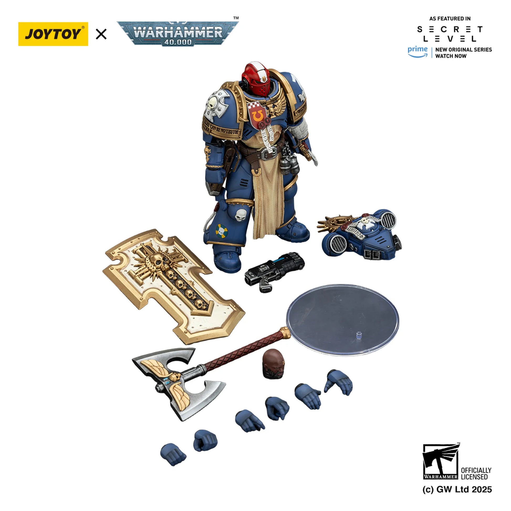 Toy figure with accessories from Joytoy x Warhammer 40,000 on a white background