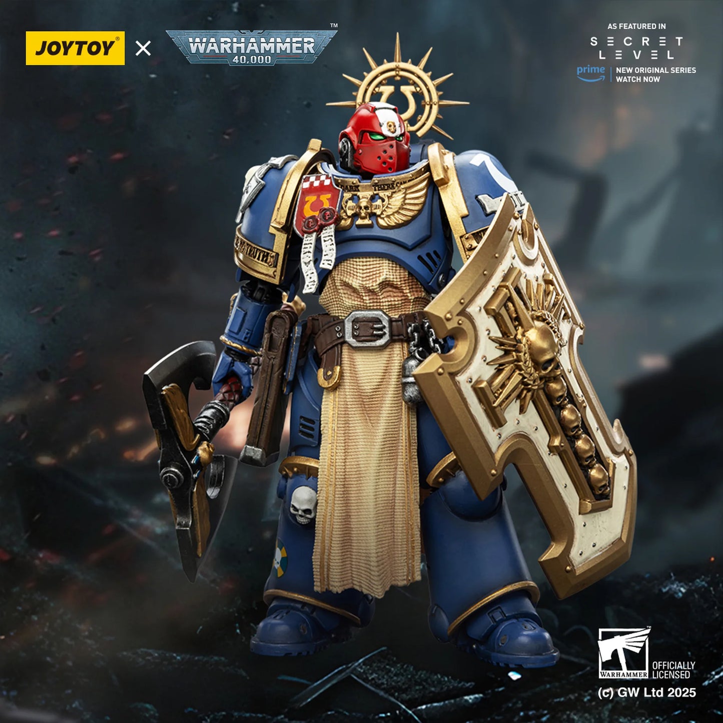Warhammer 40,000 figurine with Joytoy branding on a dark background