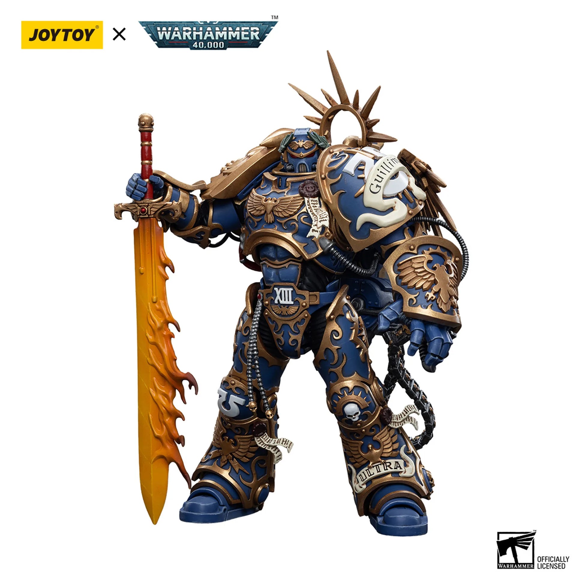 Toy figure of a warrior with ornate armor and sword, featuring Joytoy and Warhammer branding.