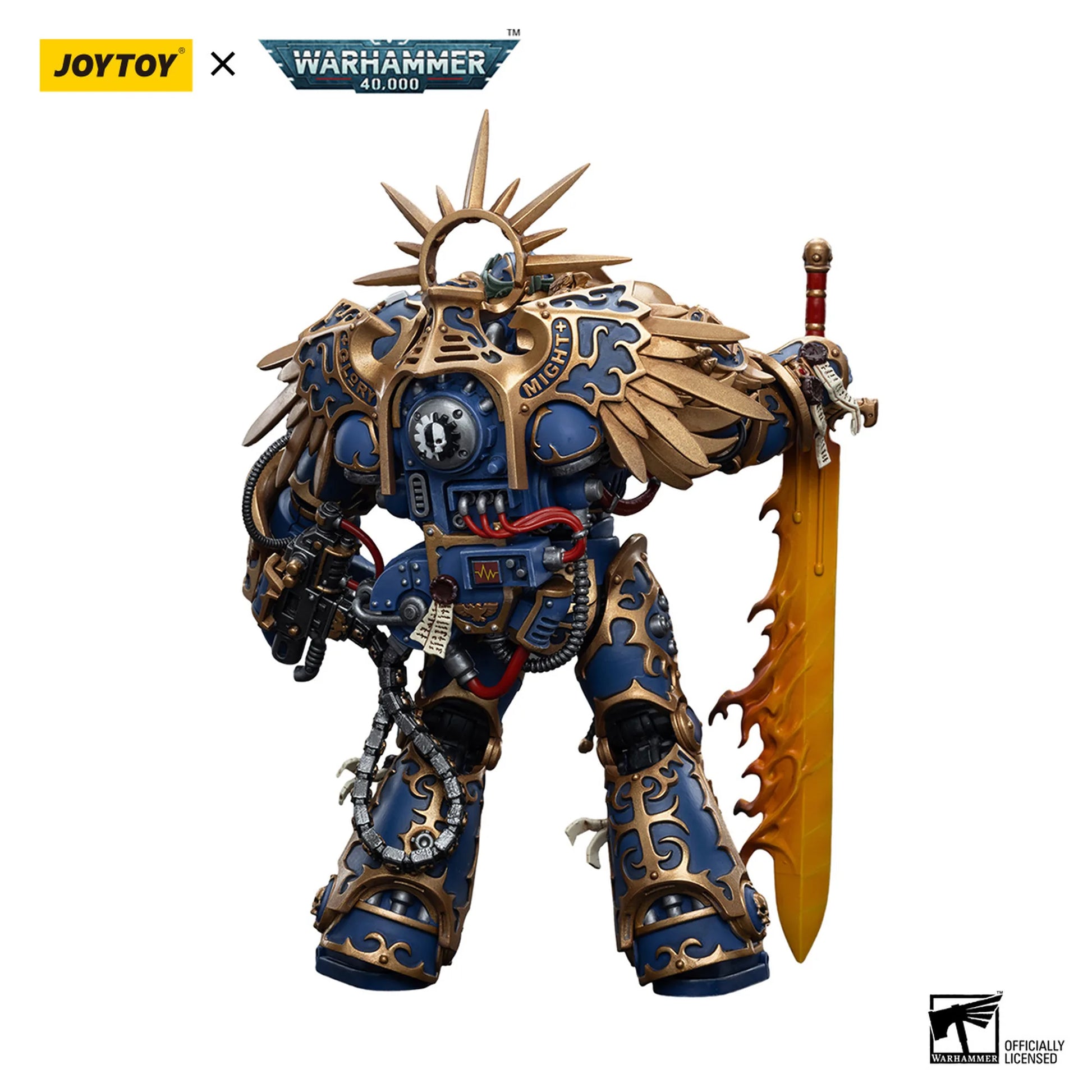 Toy figure with intricate design and sword, featuring Joytoy and Warhammer branding.