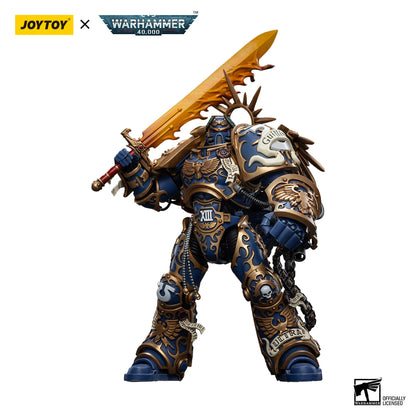 Warhammer 40,000 figurine with ornate armor and sword on a white background