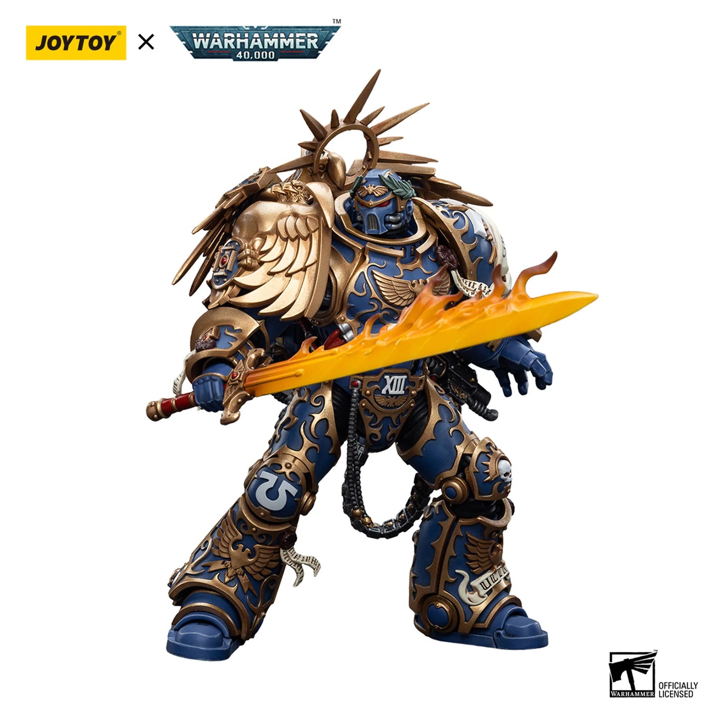 Toy figure with ornate design and sword, branded with Joytoy and Warhammer.