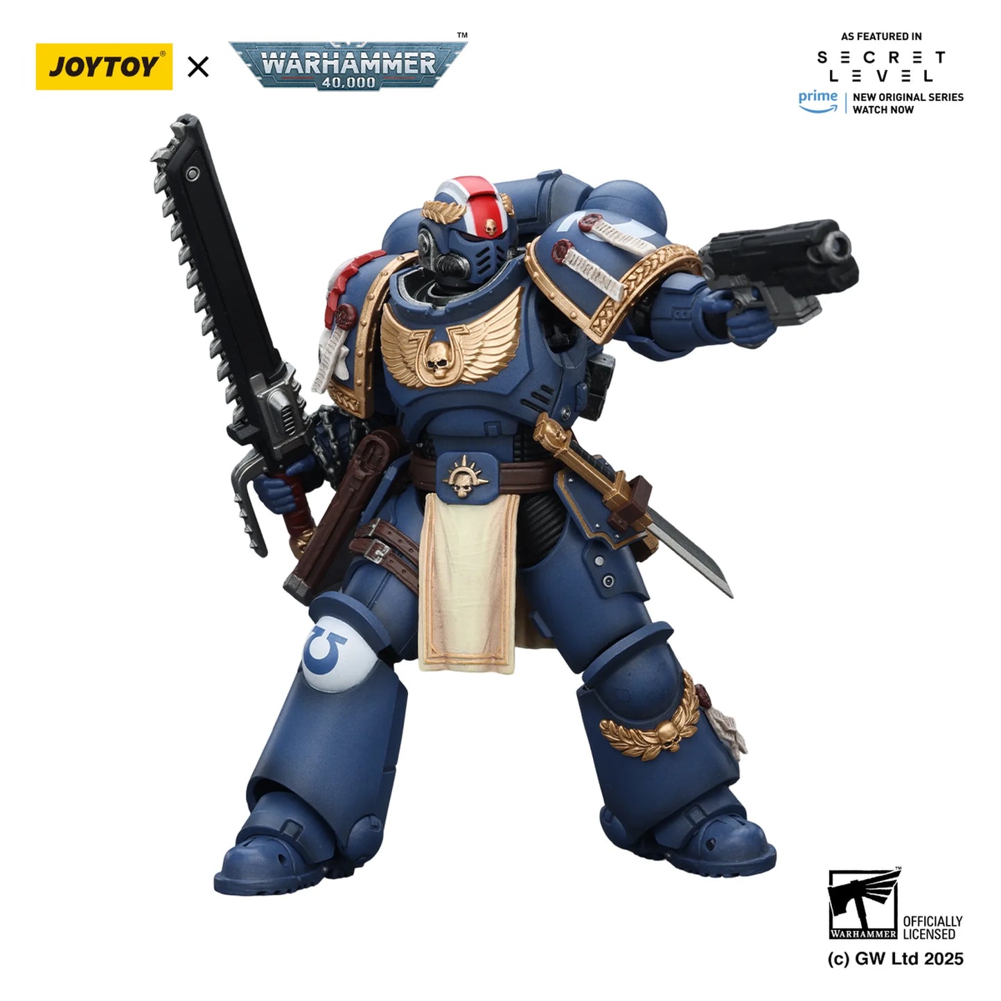 Toy figure of a warrior in blue armor with weapons, featuring Joytoy and Warhammer branding.