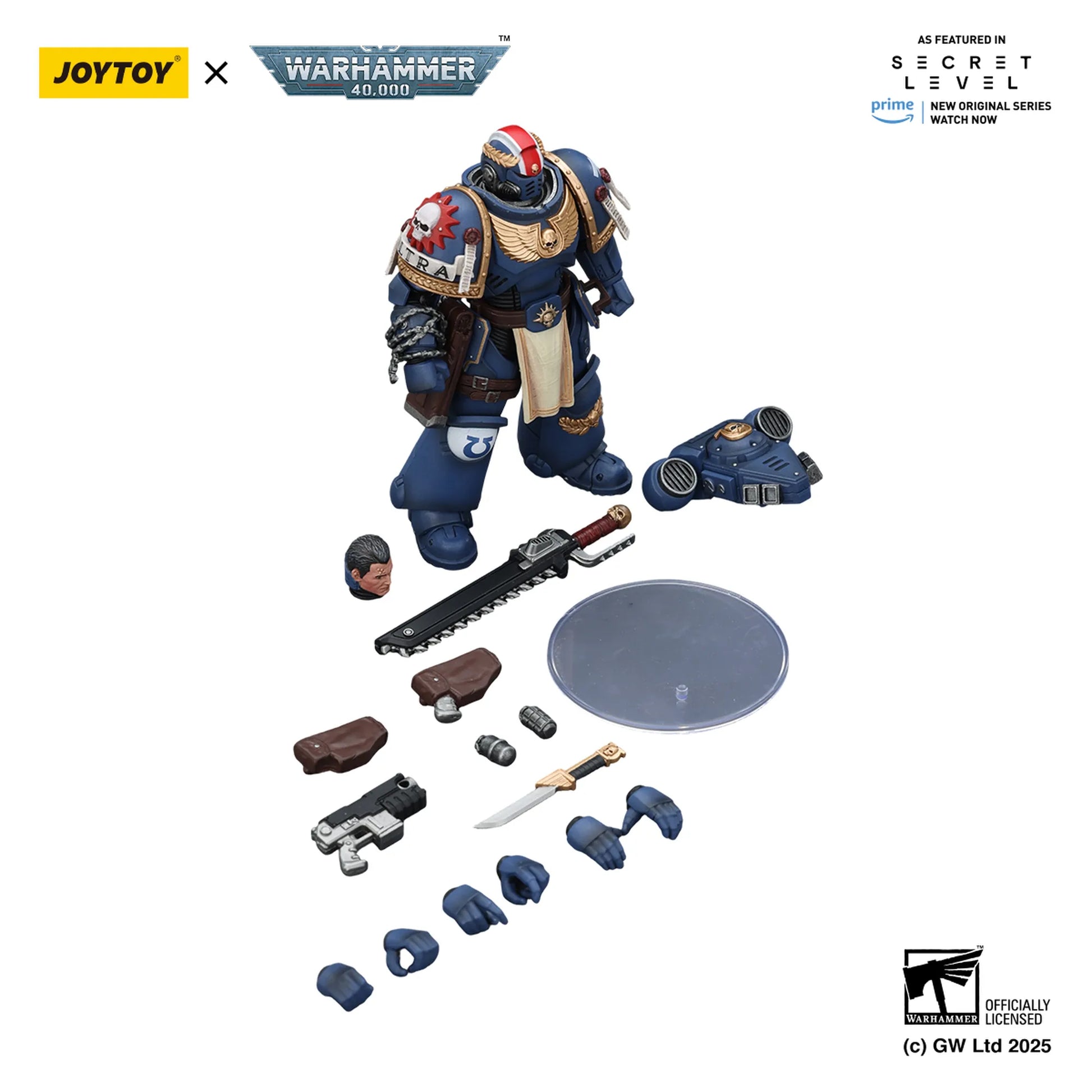 Toy figure with accessories from Joytoy x Warhammer 40,000 on a white background