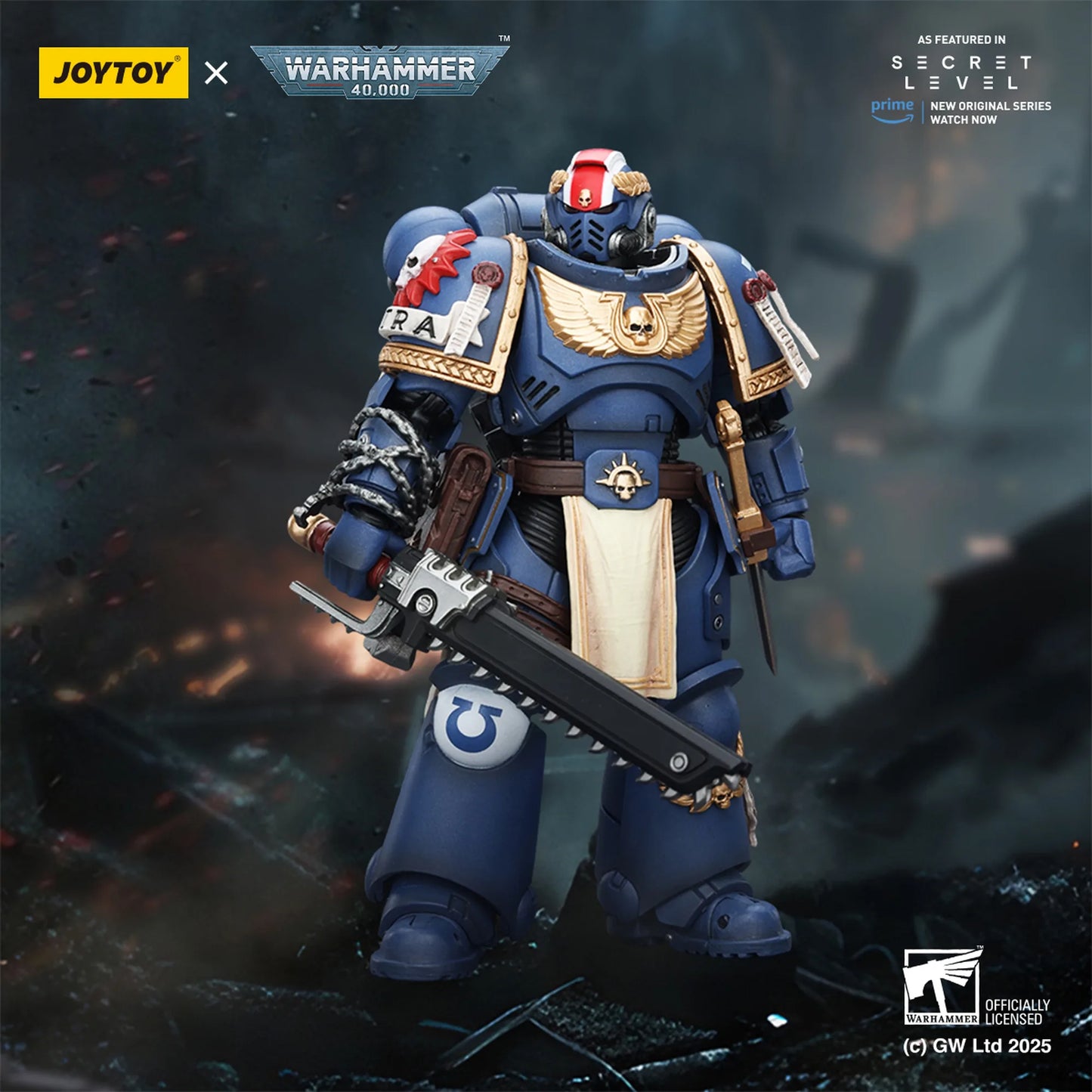 Warhammer 40k figurine with a chainsword on a dark background, featuring Joytoy and Warhammer logos.