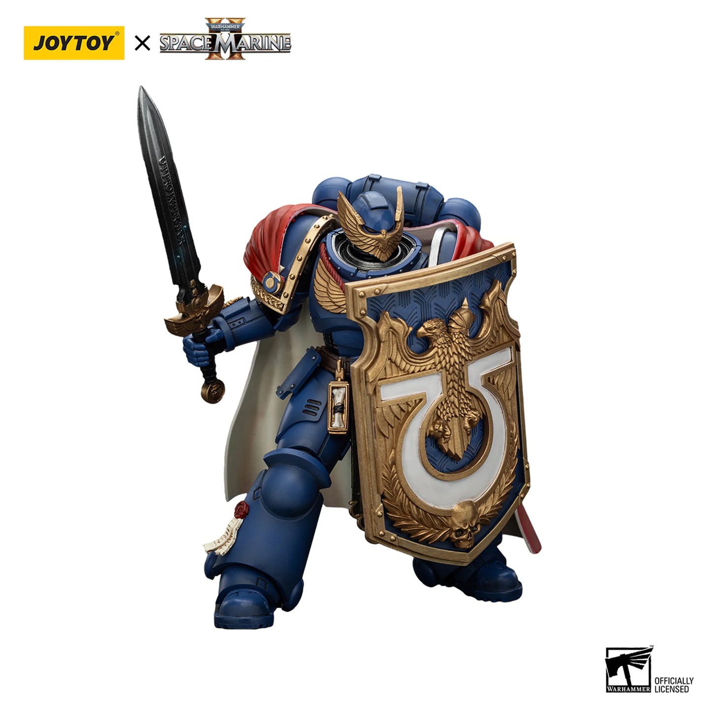 Toy figure of a Space Marine with a sword and shield, branded with Joytoy and Space Marine logos.