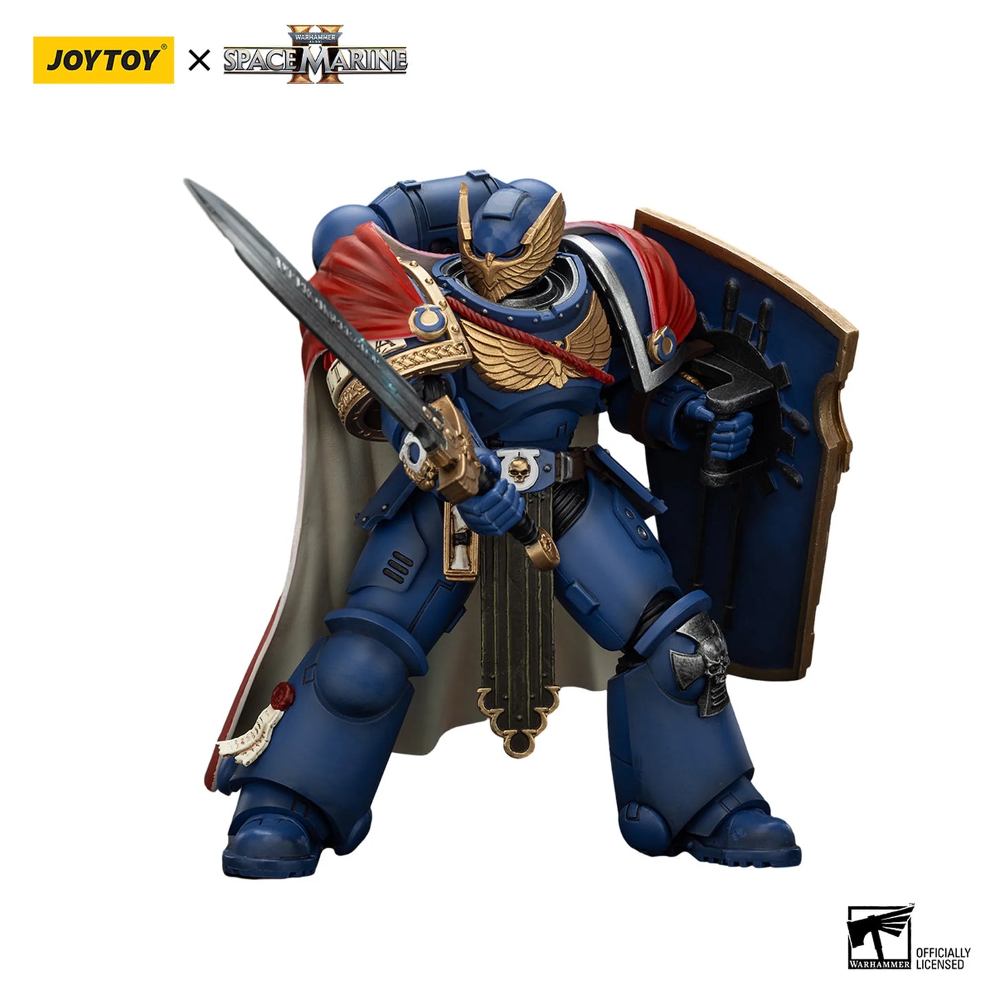 Toy figure of a Space Marine with a sword and shield, branded with Joytoy and Space Marine logos.