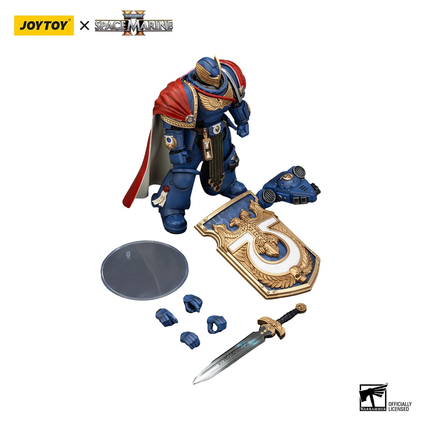 Toy figure of a Space Marine with accessories on a white background, featuring Joytoy and Space Marine branding.