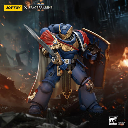Space Marine figurine with armor and weapon, featuring JOYTOY and Space Marine branding.