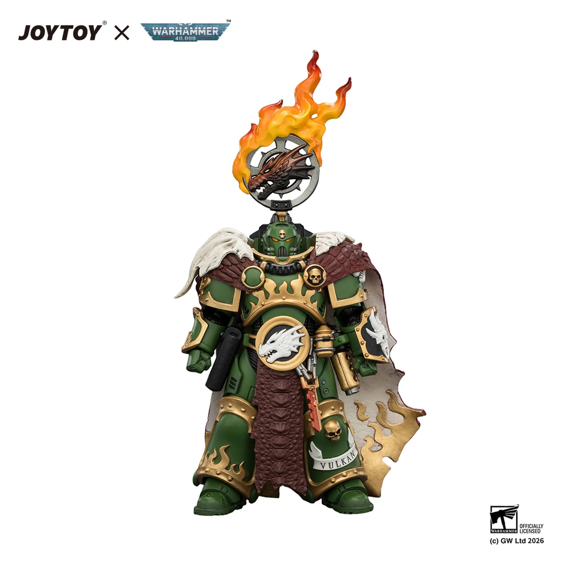 Toy figure with green armor and flame emblem, featuring JOYTOY and Warhammer logos.