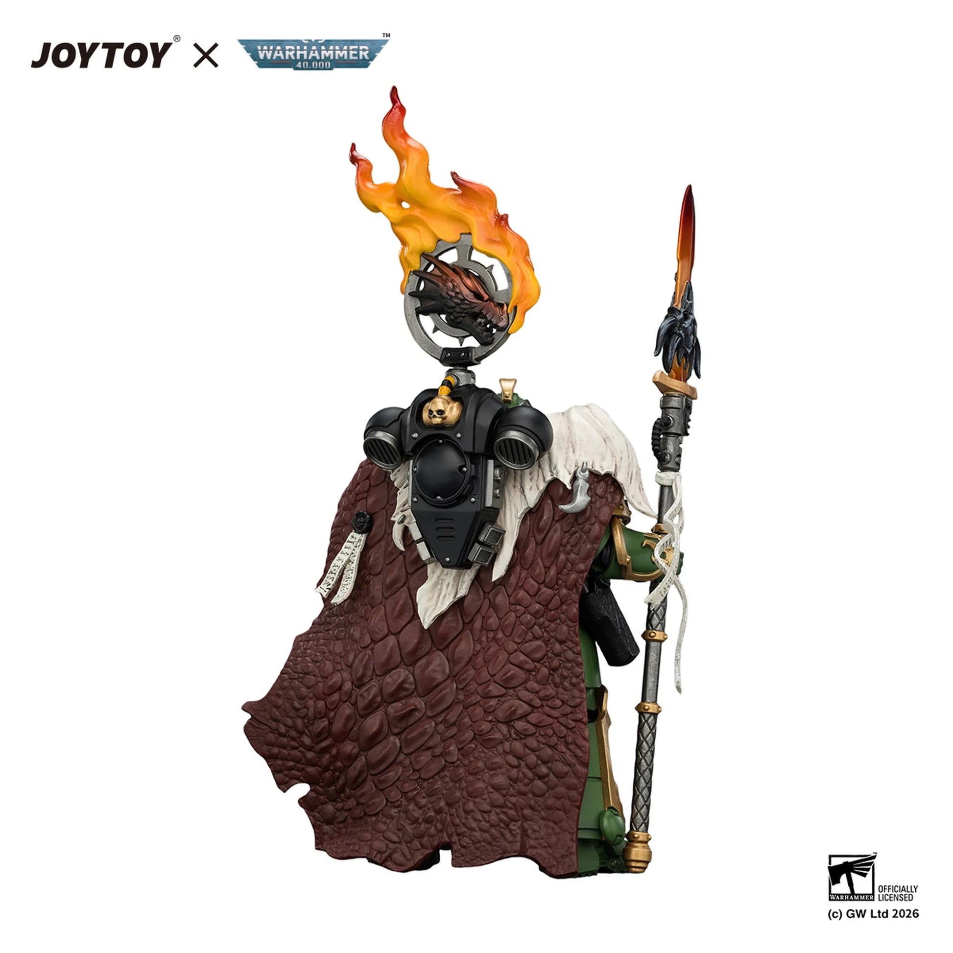 Toy figure with flame-topped staff and brown robe on a white background, featuring JOYTOY and Warhammer logos.