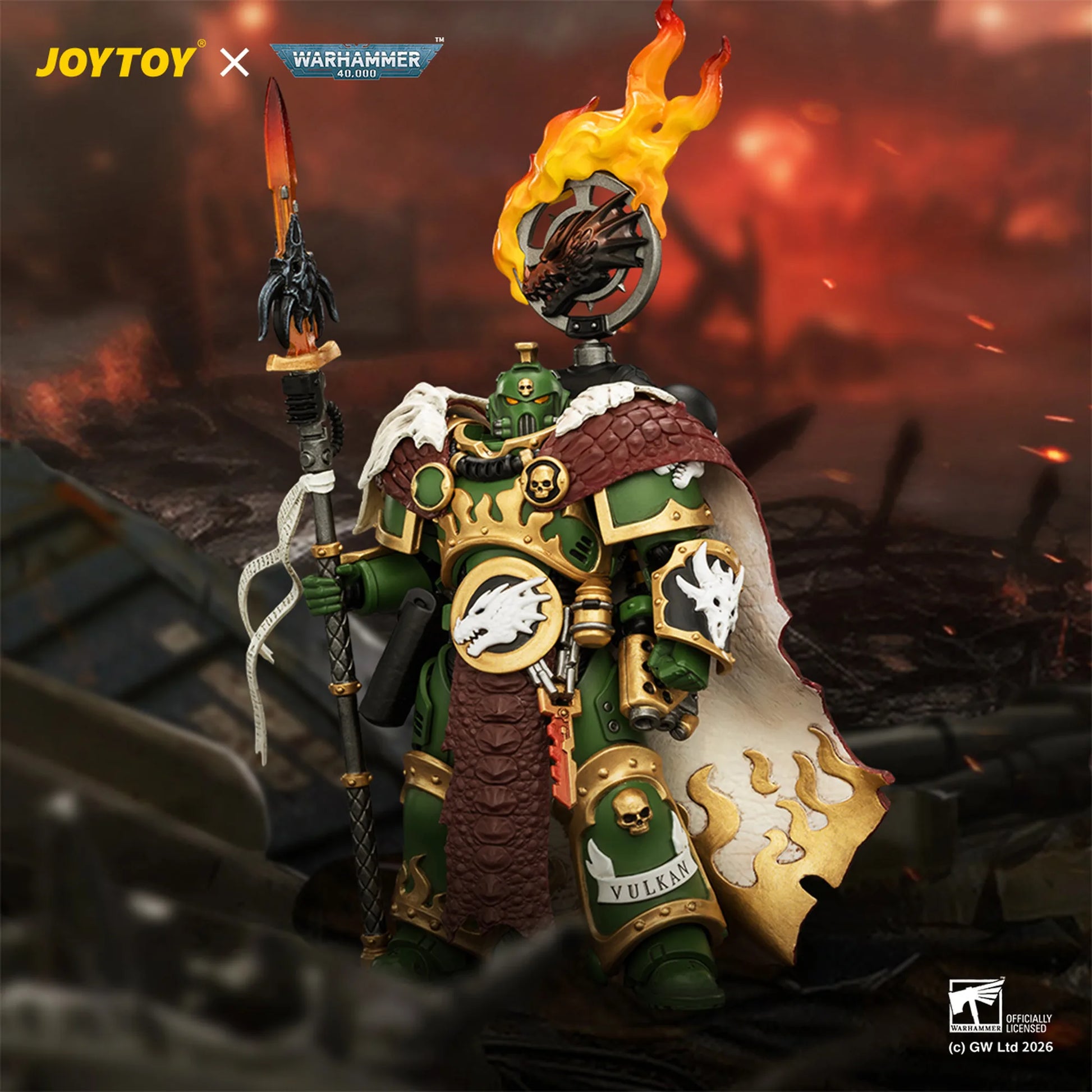 Warhammer figurine with flames and armor, featuring JOYTOY and Warhammer logos.