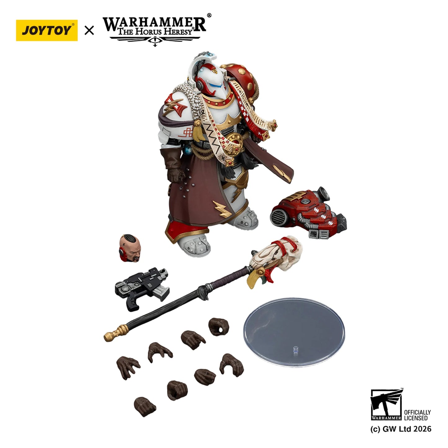 Warhammer figurine with accessories on a white background, featuring Joytoy and Games Workshop logos.