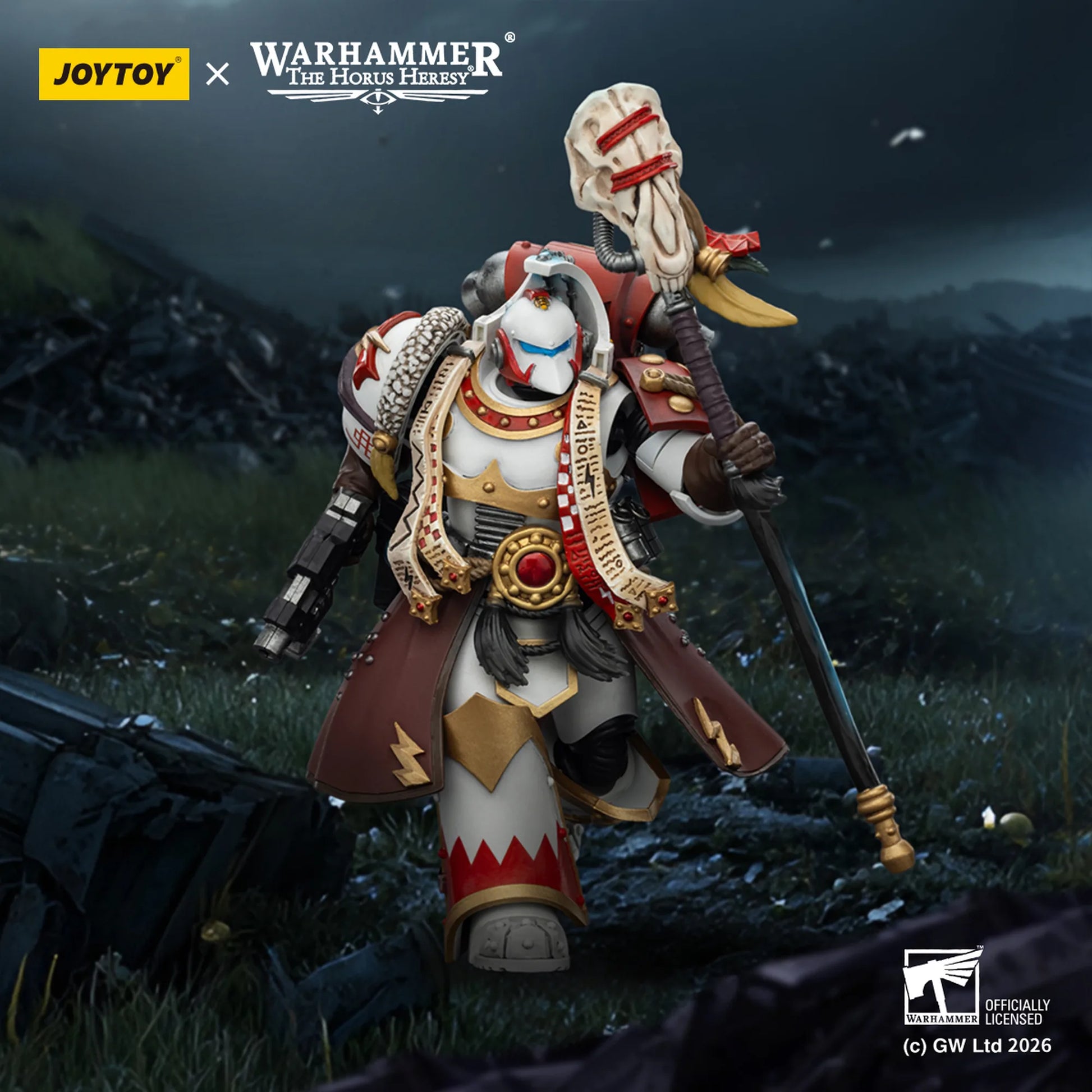 Warhammer figurine with Joytoy branding on a dark battlefield background