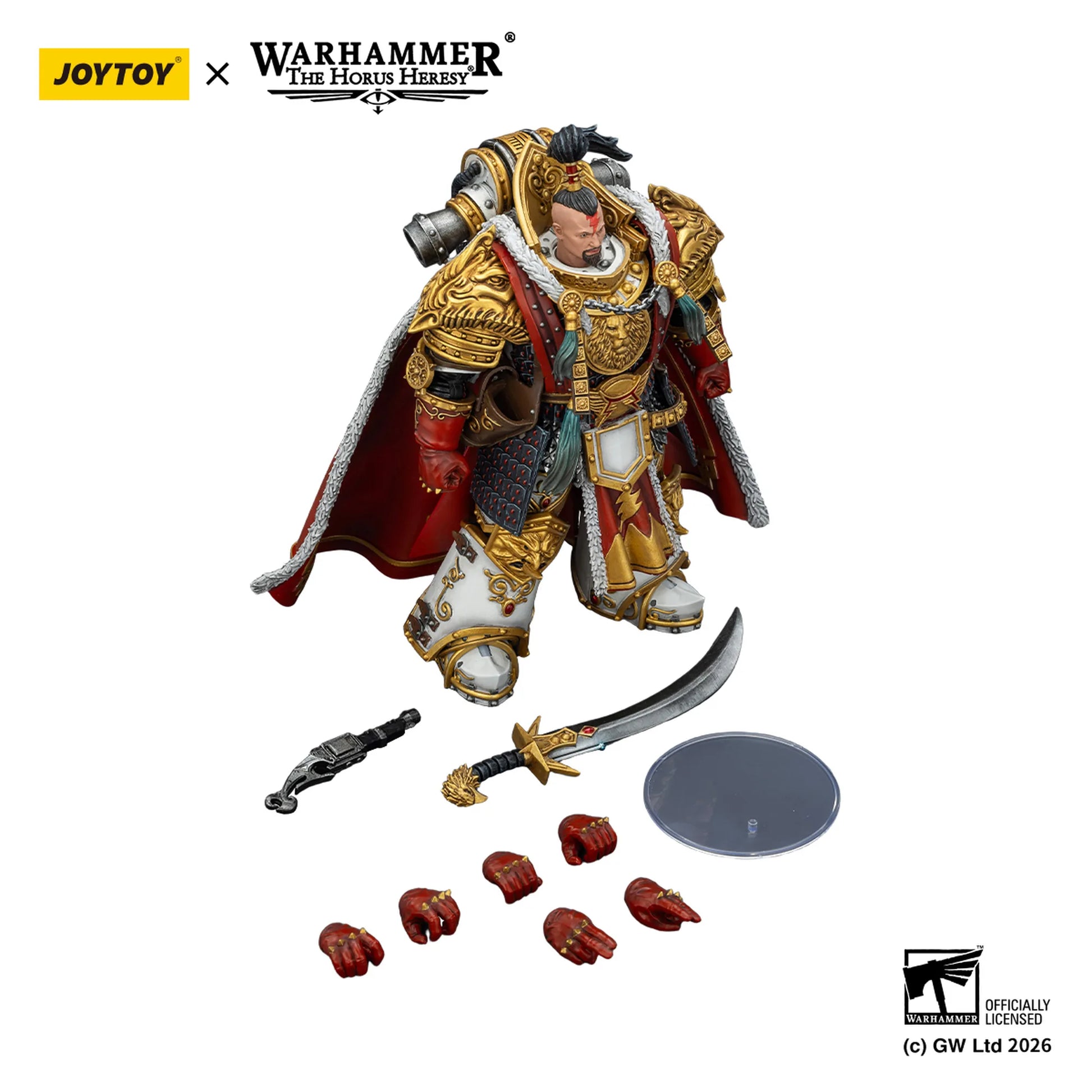 Warhammer figurine with accessories on a white background, featuring JoyToy branding.