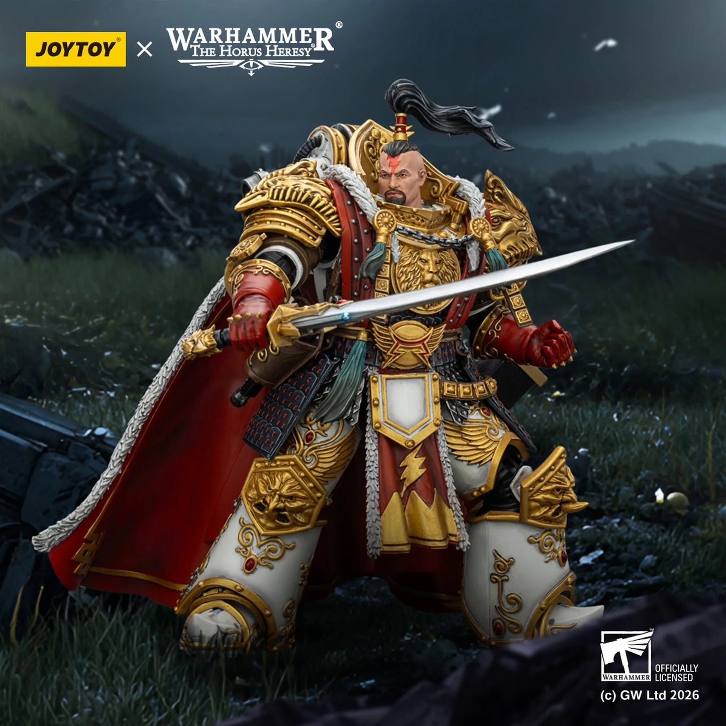 Warhammer figurine with ornate armor and sword on a dark background