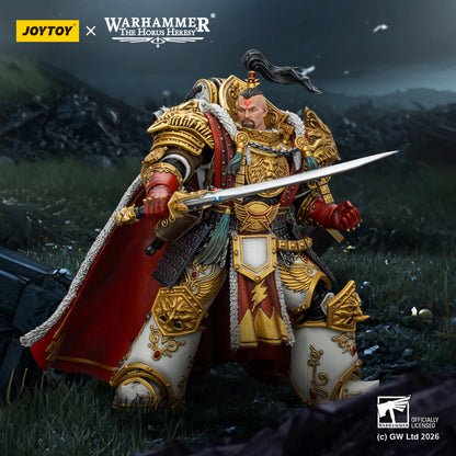 Warhammer figurine with ornate armor and sword on a dark background